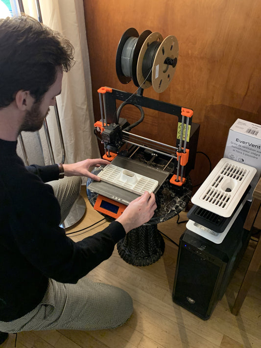 Prototype floor register coming off 3D-printer